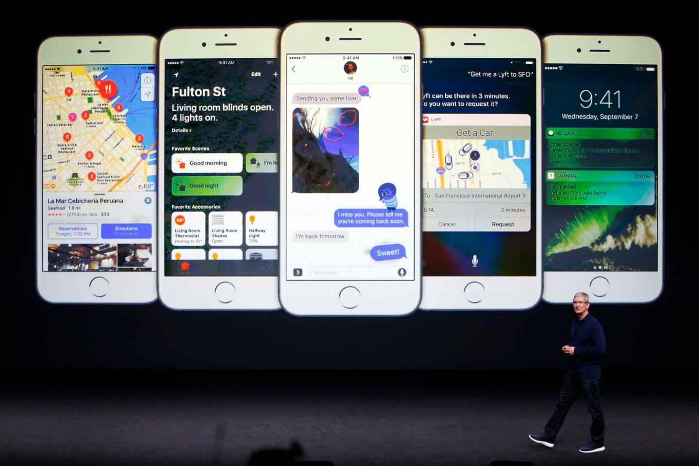 Tim Cook discusses the iPhone during an Apple media event in San Francisco