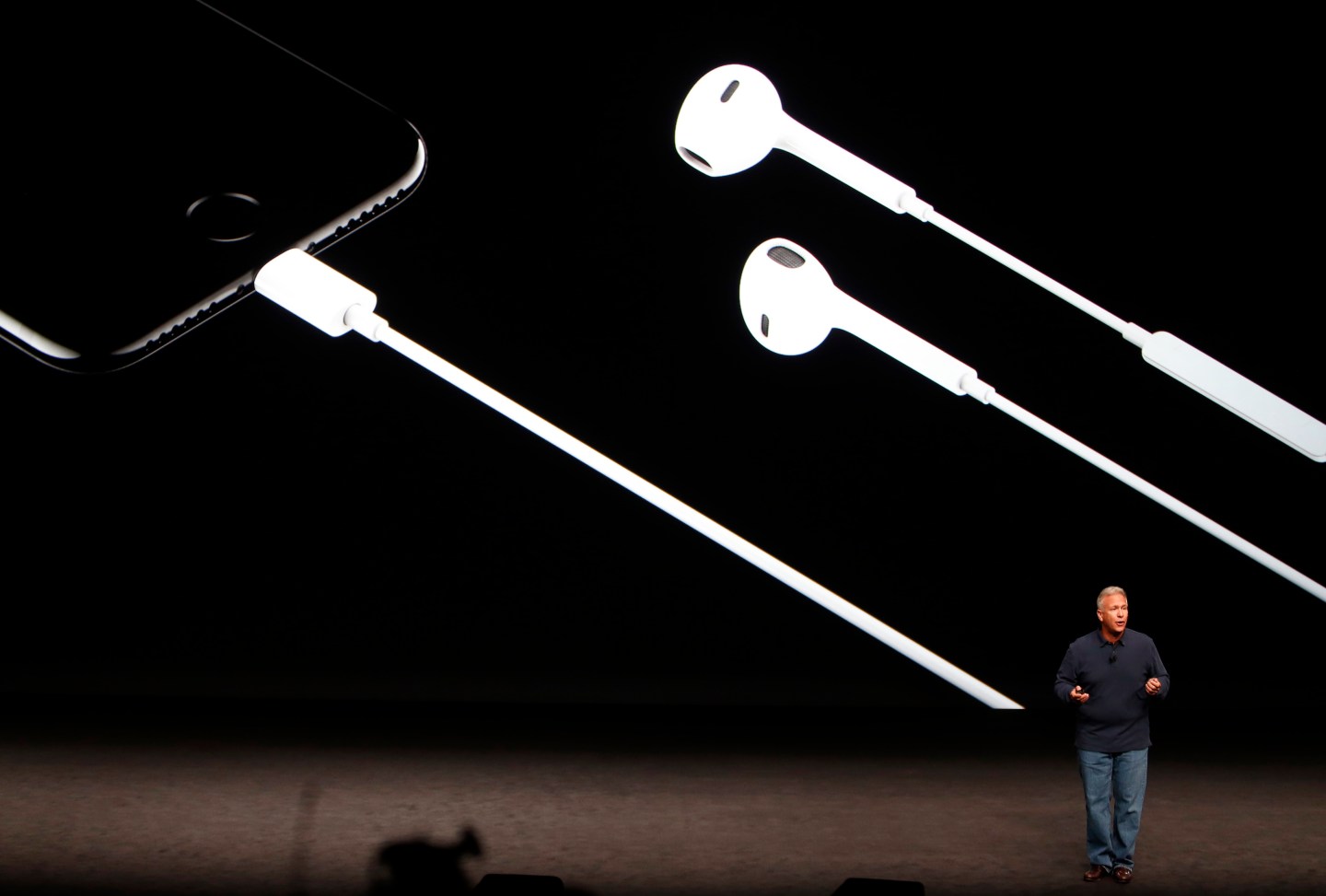 Phil Schiller discusses the audio features of the iPhone7 during a media event in San Francisco