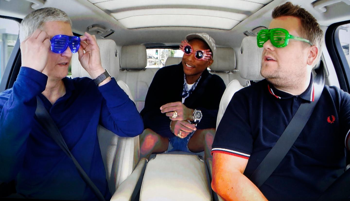 Tim Cook, James Corden and Pharrell comedy bit during an Apple media event in San Francisco