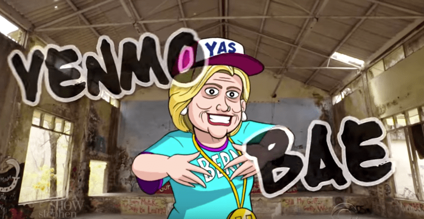 Cartoon Hillary Clinton appeals to millennials by saying she uses Snapchat and Venmo.