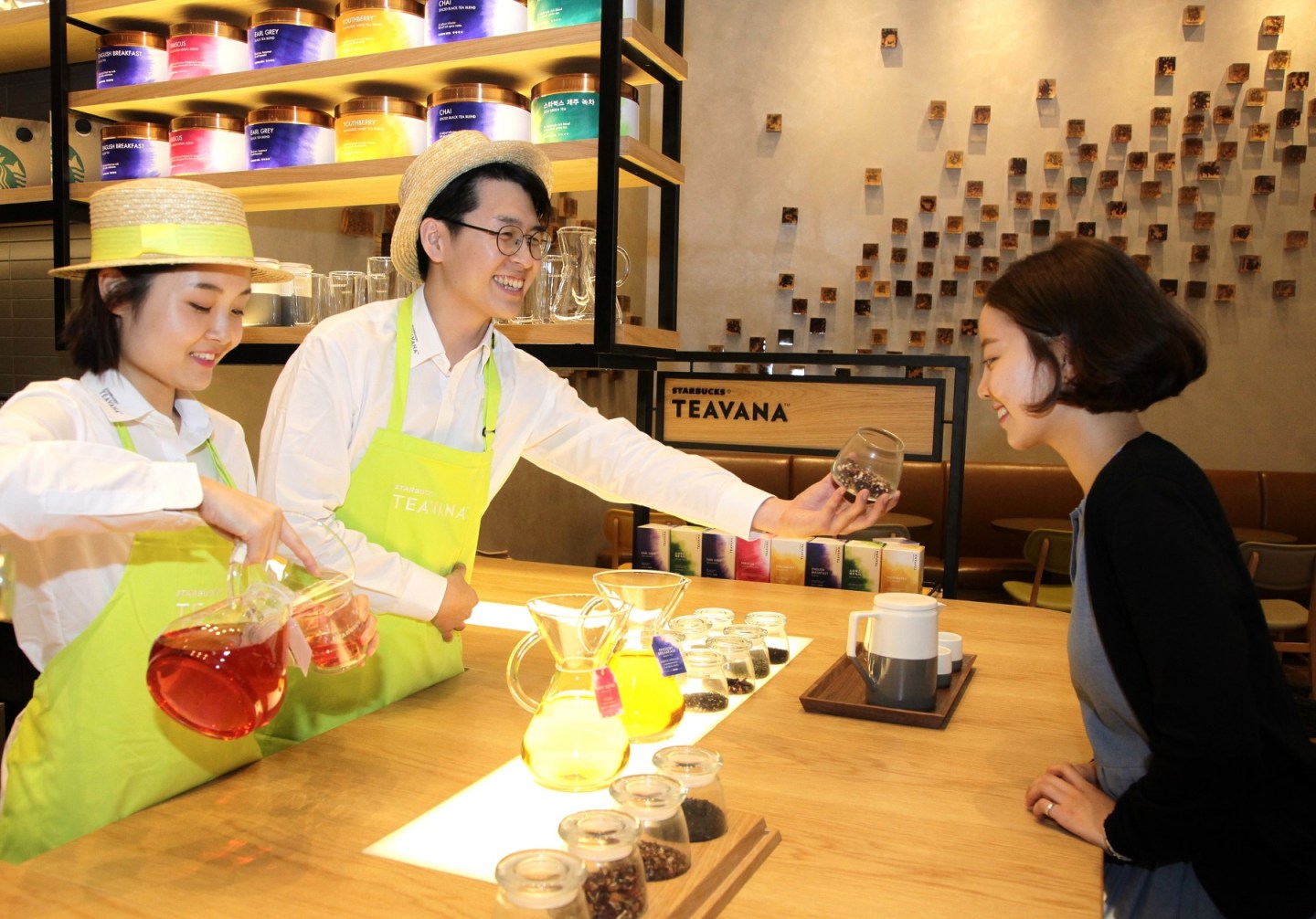 Starbucks Coffee Korea staff promoting their new modern tea offering, Starbucks Teavana, at the Starfield Hanam GL store on Thursday, 1 September 2016.