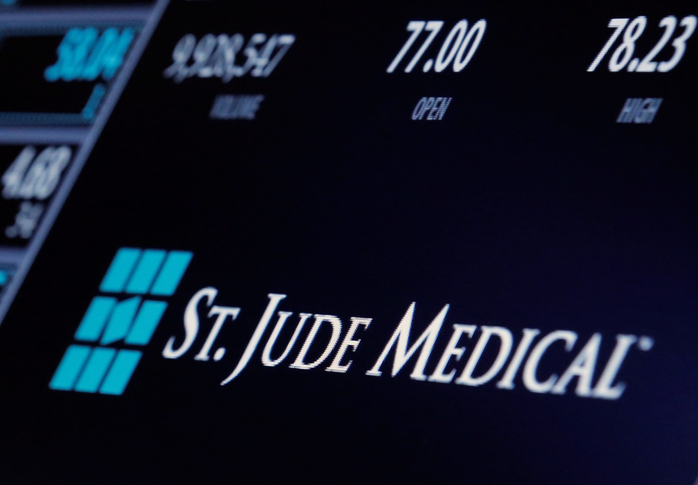 The ticker and trading information for St. Jude Medical is displayed where the stock is traded on the floor of the New York Stock Exchange.