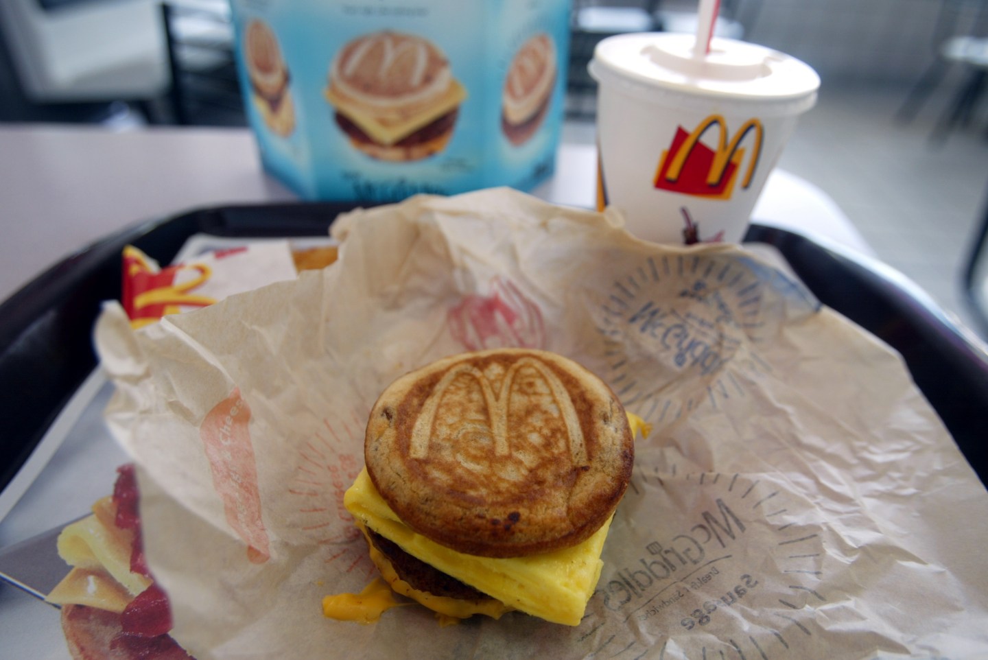 A cheese, sausage and egg McGriddles breakfast sandwich at a McDonald's is shown June 12, 2003 in Coral Gables, Florida.