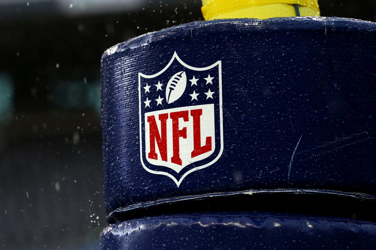 Image of the NFL logo on a goal post before the 2015 NFC Championship game between the Seattle Seahawks and the Green Bay Packers at CenturyLink Field in Seattle, Washington.