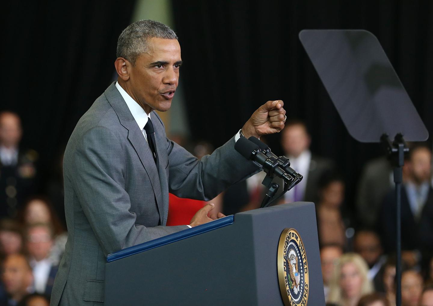 U.S. President Barack Obama speaks during an event to mark the 10th anniversary of Hurricane Katrina in New Orleans, Louisiana.