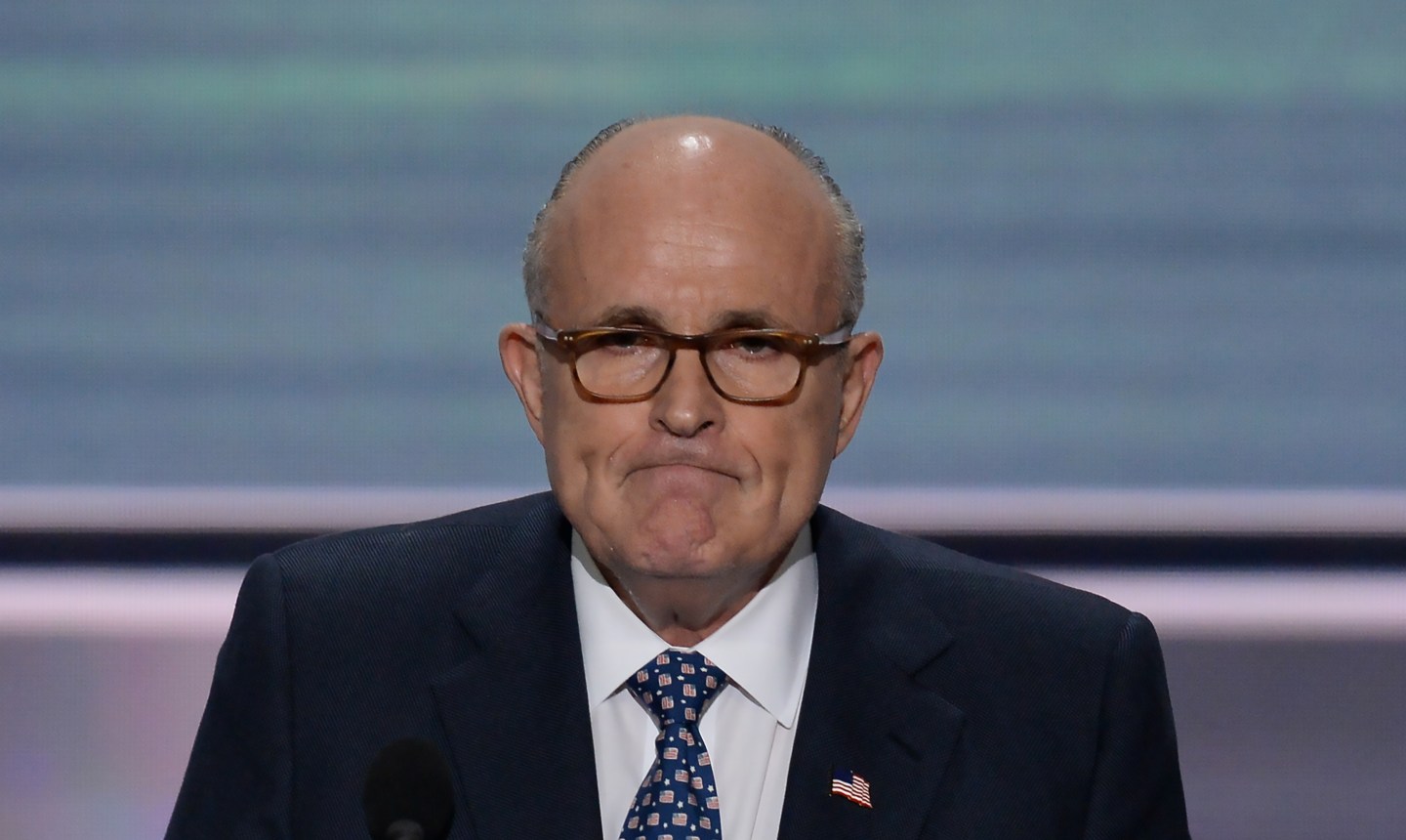 Former New York mayor Rudy Giuliani addresses delegates on the first day of the Republican National Convention in Cleveland.