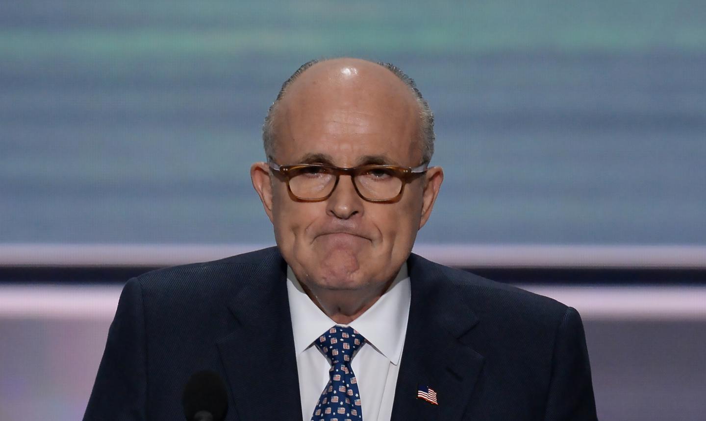Former New York mayor Rudy Giuliani addresses delegates on the first day of the Republican National Convention in Cleveland.