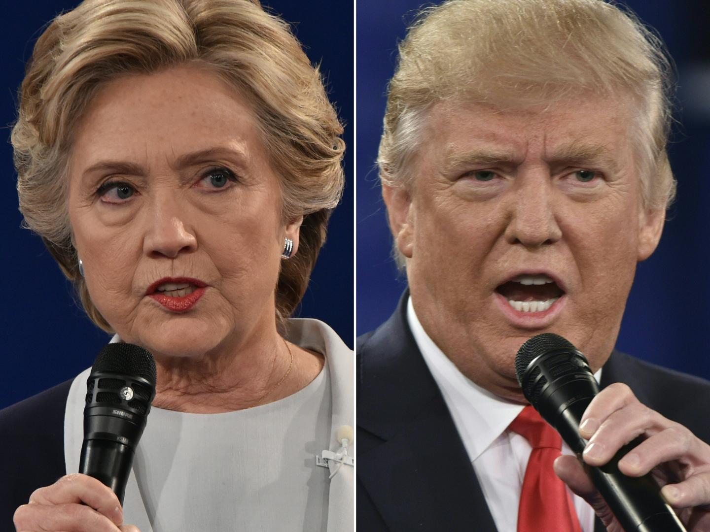 Democratic presidential candidate Hillary Clinton and Republican presidential candidate Donald Trump during the second presidential debate at Washington University in St. Louis, Missouri on October 9, 2016.