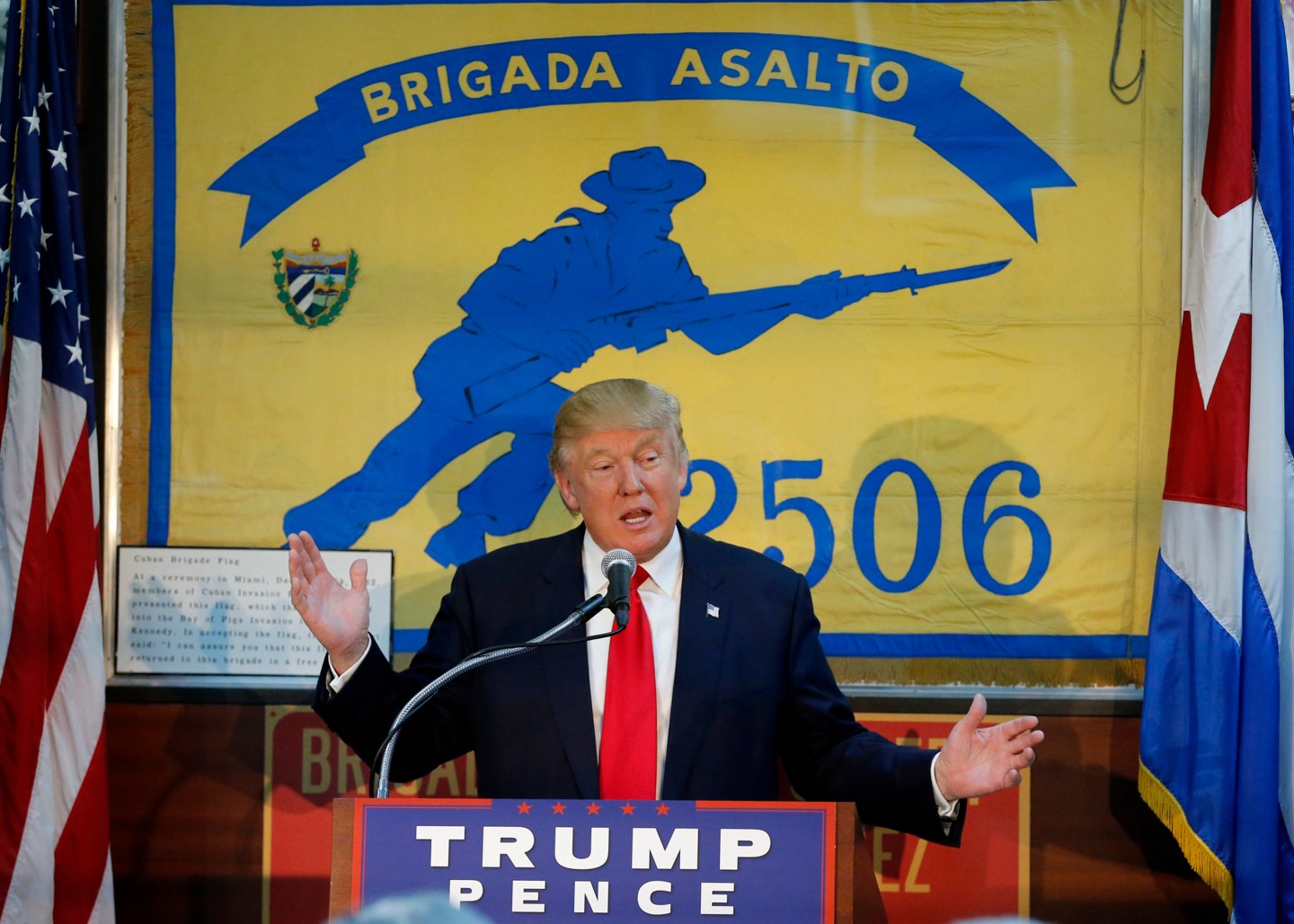 Donald Trump visits the Bay of Pigs museum and addresses Brigade 2506, veterans of the Cuban battle, on Tuesday, Oct. 25, 2016.