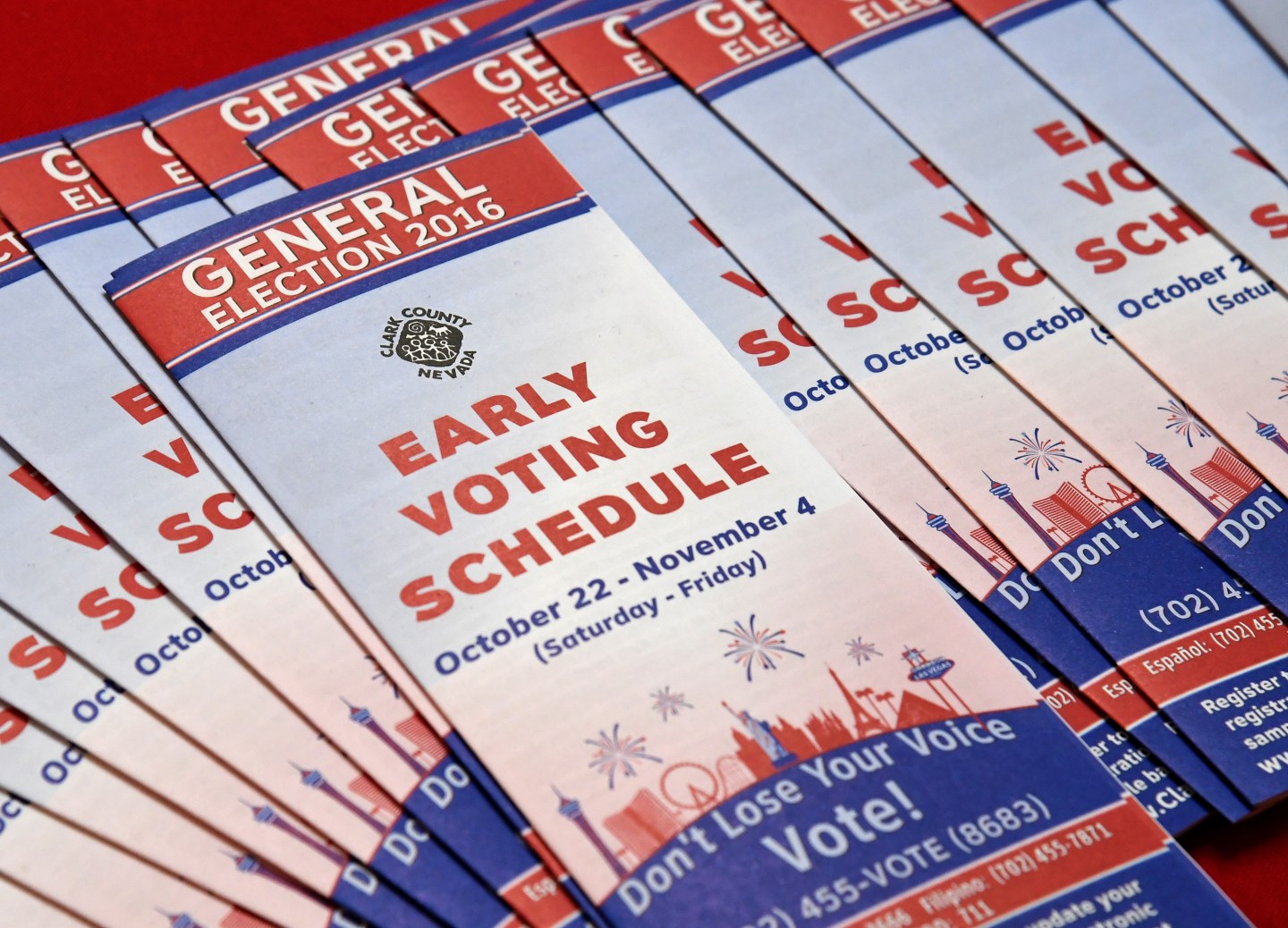 Early voting schedules are displayed at the Meadows Mall on October 26, 2016 in Las Vegas.