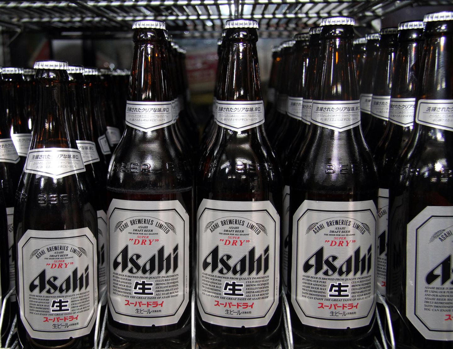 Bottles of Asahi Breweries Ltd.'s Super Dry beer are display