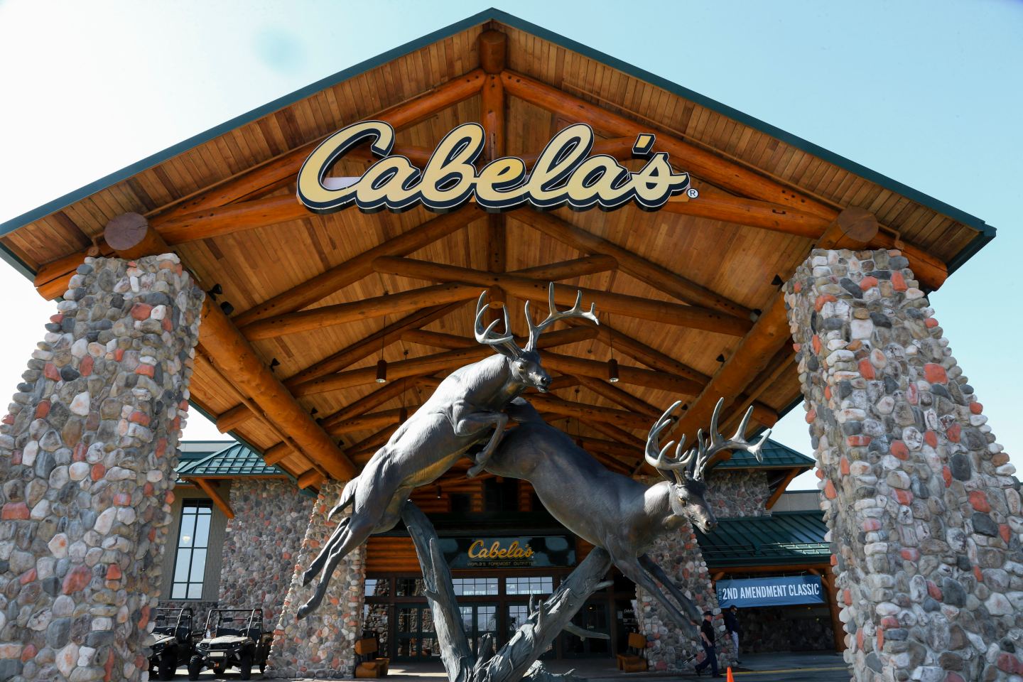 Statues of wildlife adorn the entrance to a Cabela's store in Nebraska.