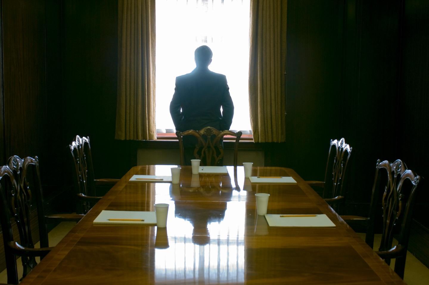 Businessman facing window in meeting room, rear view