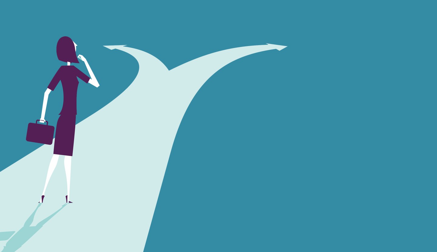 Vector illustration - Businesswoman At Crossroads Path