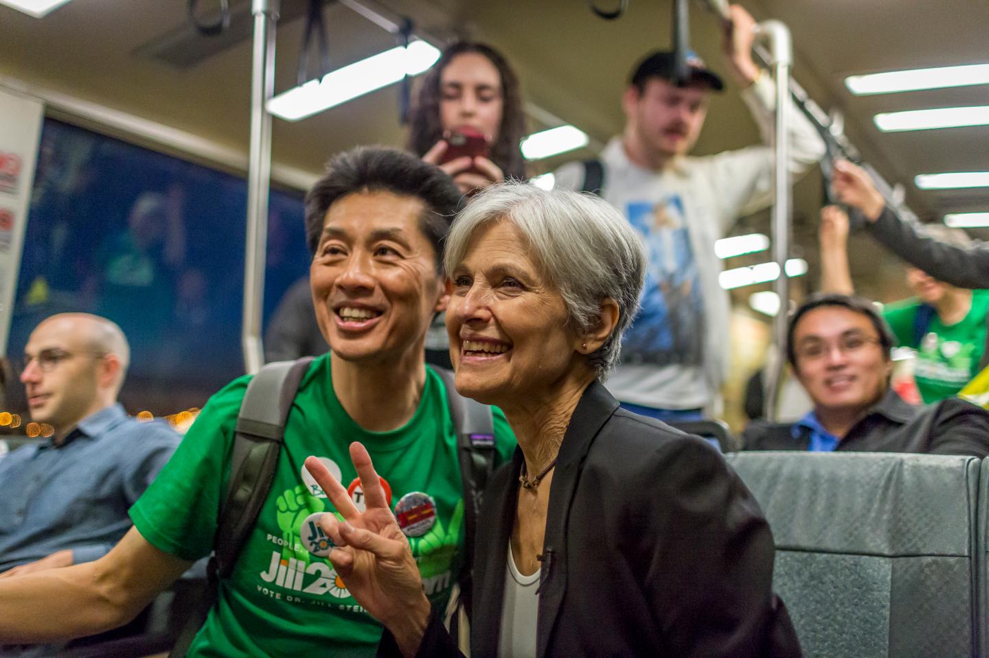 Green party presidential candidate Jill Stein rides the Bart