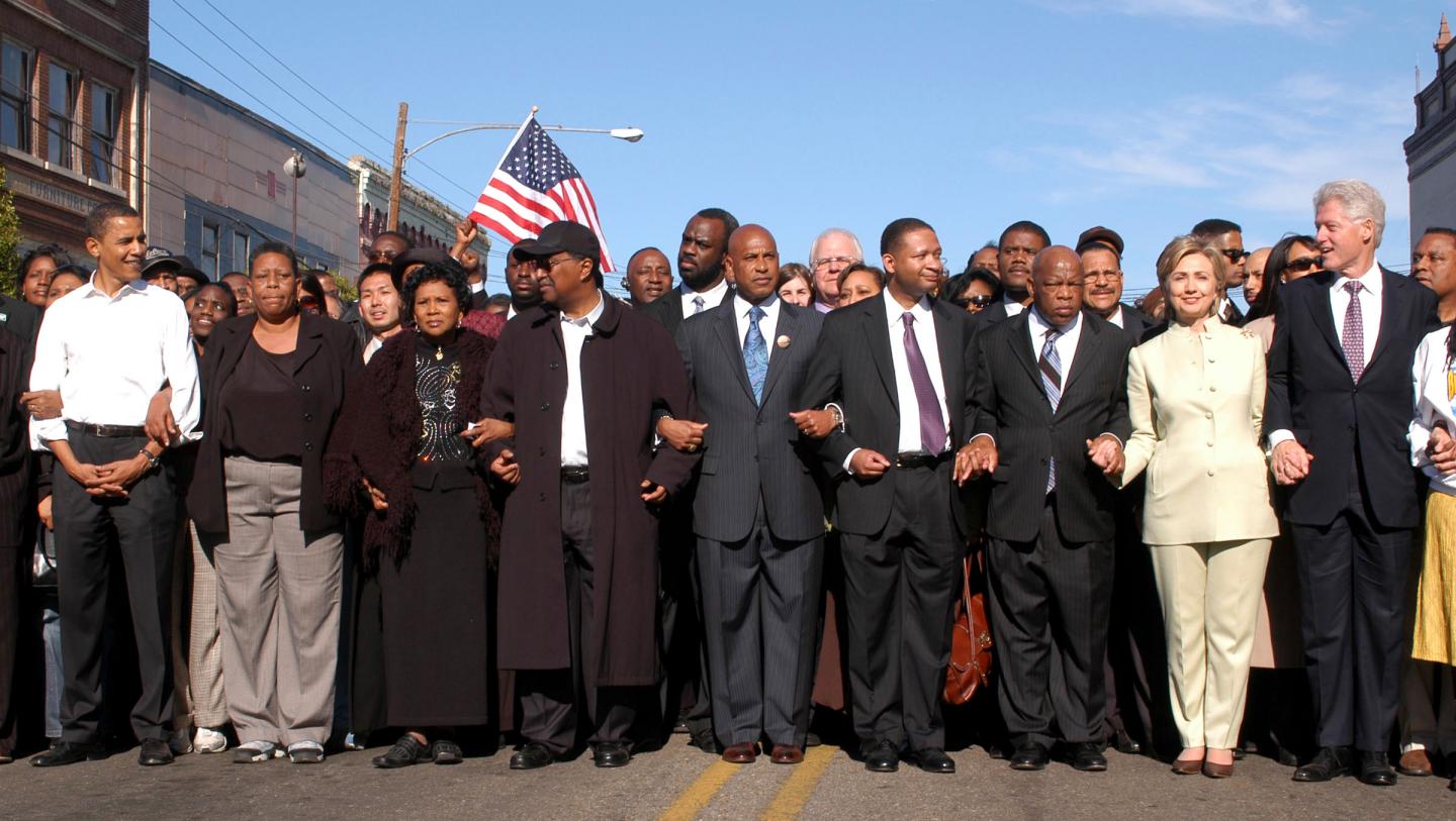 Illinois Senator Barack Obama, far left, former President Bi