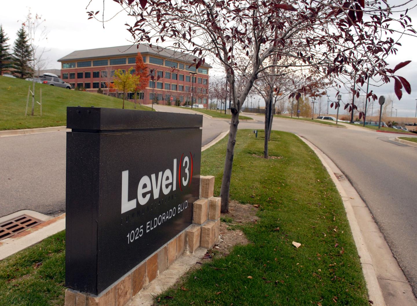A sign marks the entrance to Level 3 Communications Inc. cam