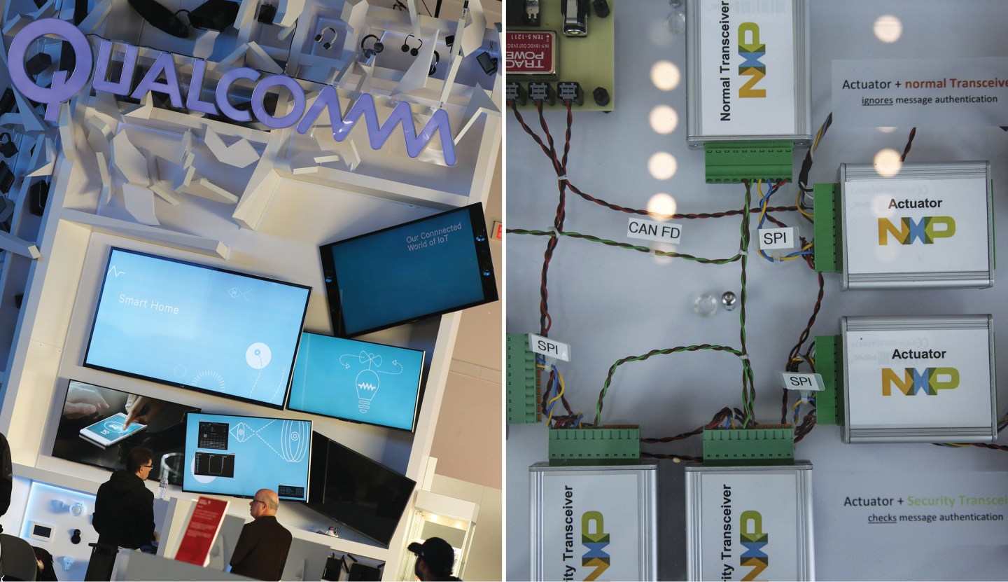 CES 2016 -- Pictured: Qualcomm display at CES 2016, the annual Consumer Electronics Show, in Las Vegas, Nevada  on January 6, 2015 -- (Photo by: Justin Solomon/CNBC/NBCU Photo Bank via Getty Images) A NXP Semiconductors NV security demonstration is displayed at the company's booth during the Billington Global Automotive Cybersecurity Summit at the Cobo Center in Detroit, Michigan, U.S., on Friday, July 22, 2016. Key Speakers at the summit discussed the future of autonomous vehicles and cybersecurity and how automotive cyber threats, perceived or real, can affect your business. Photographer: Sean Proctor/Bloomberg via Getty Images