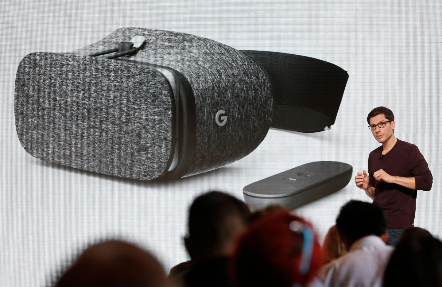 Clay Bavor introduces the Daydream View VR headset during the presentation of new Google hardware in San Francisco