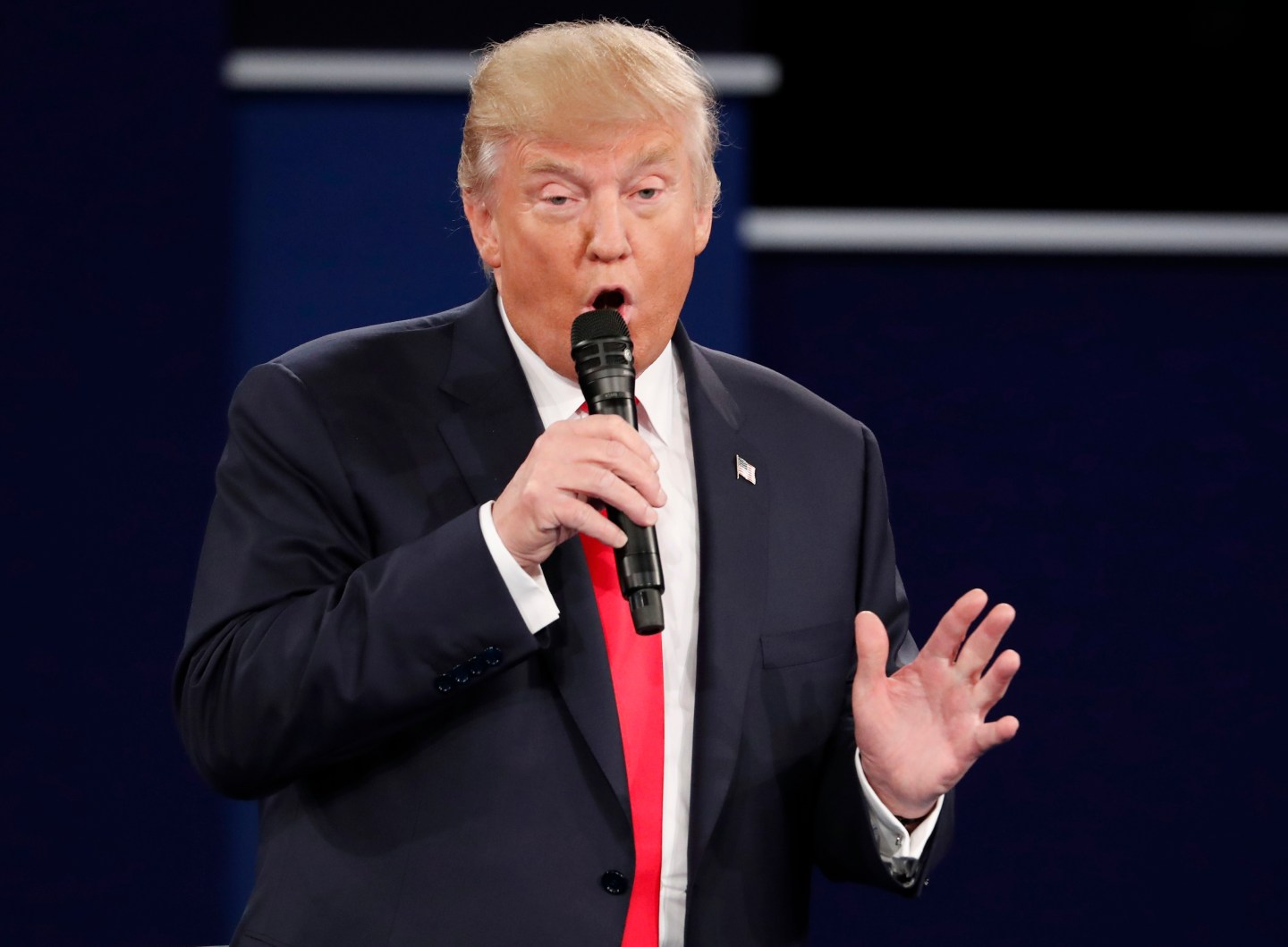Republican U.S. presidential nominee Donald Trump speaks during the second U.S. presidential town hall debate between Trump and Democratic U.S. presidential nominee Hillary Clinton at Washington University in St. Louis