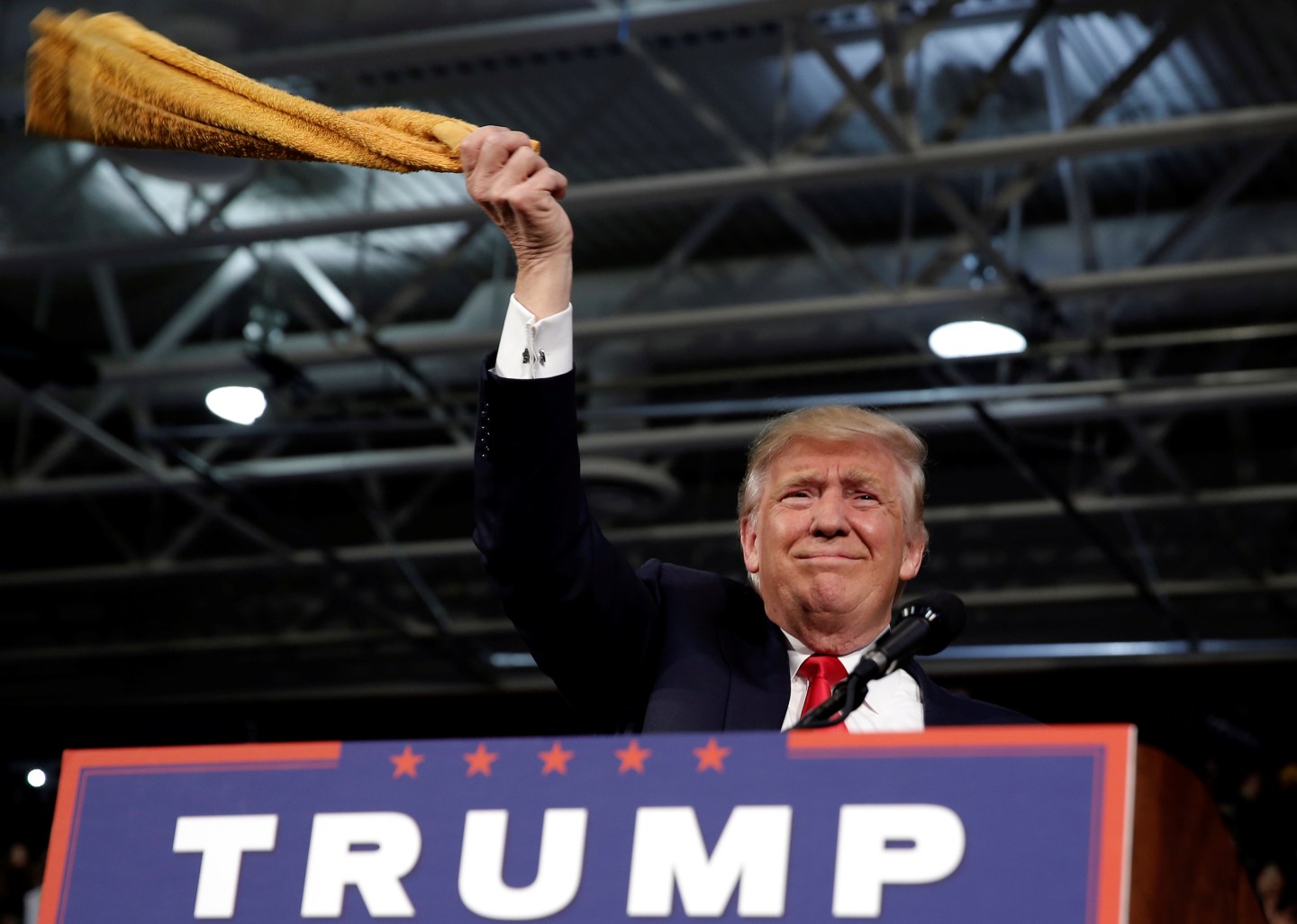 Republican U.S. presidential nominee Donald Trump arrives at a campaign rally in Ambridge
