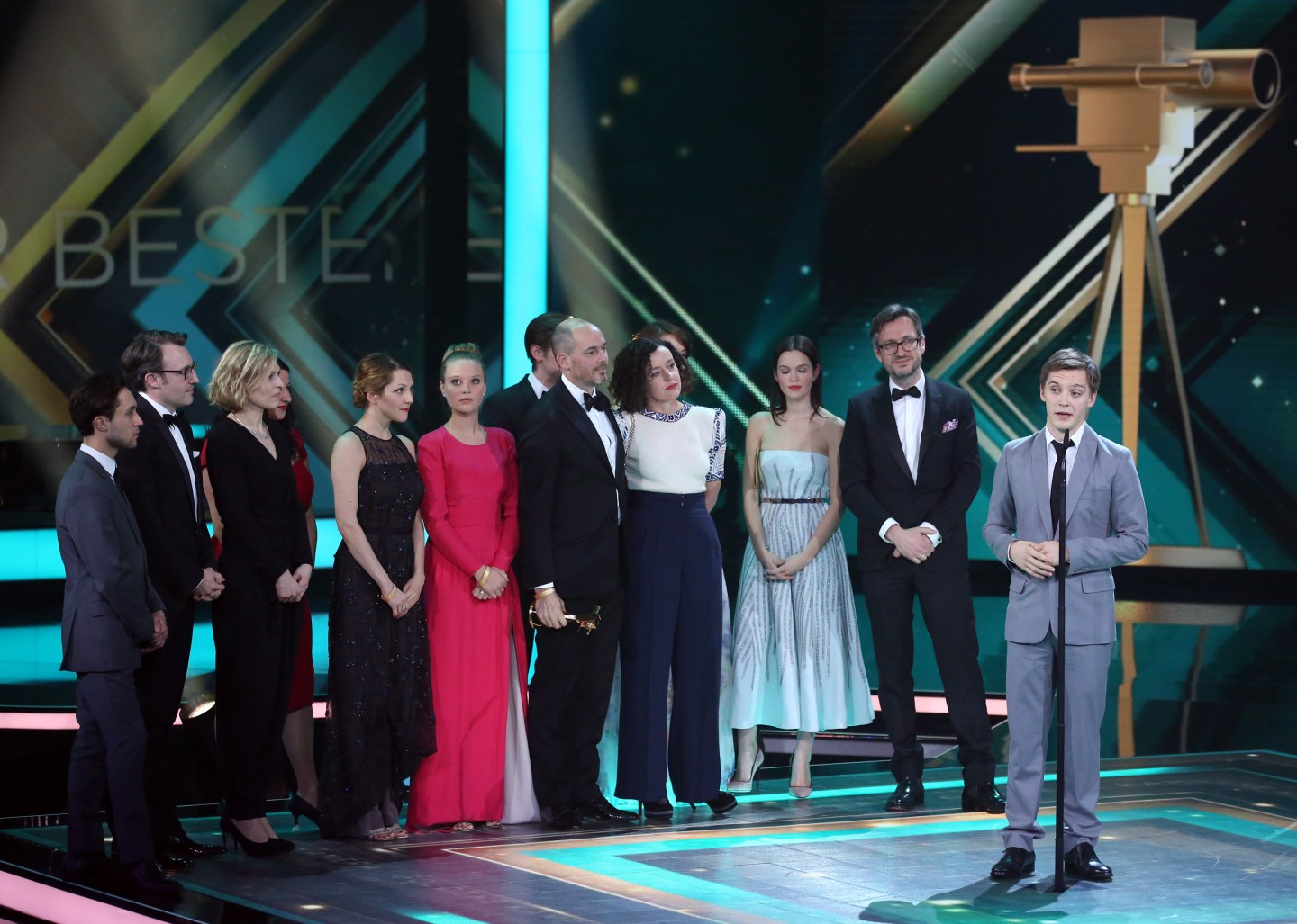 The cast of 'Deutschland 83' accepts the award for Best German Mini-series during Golden Camera awards ceremony in Hamburg