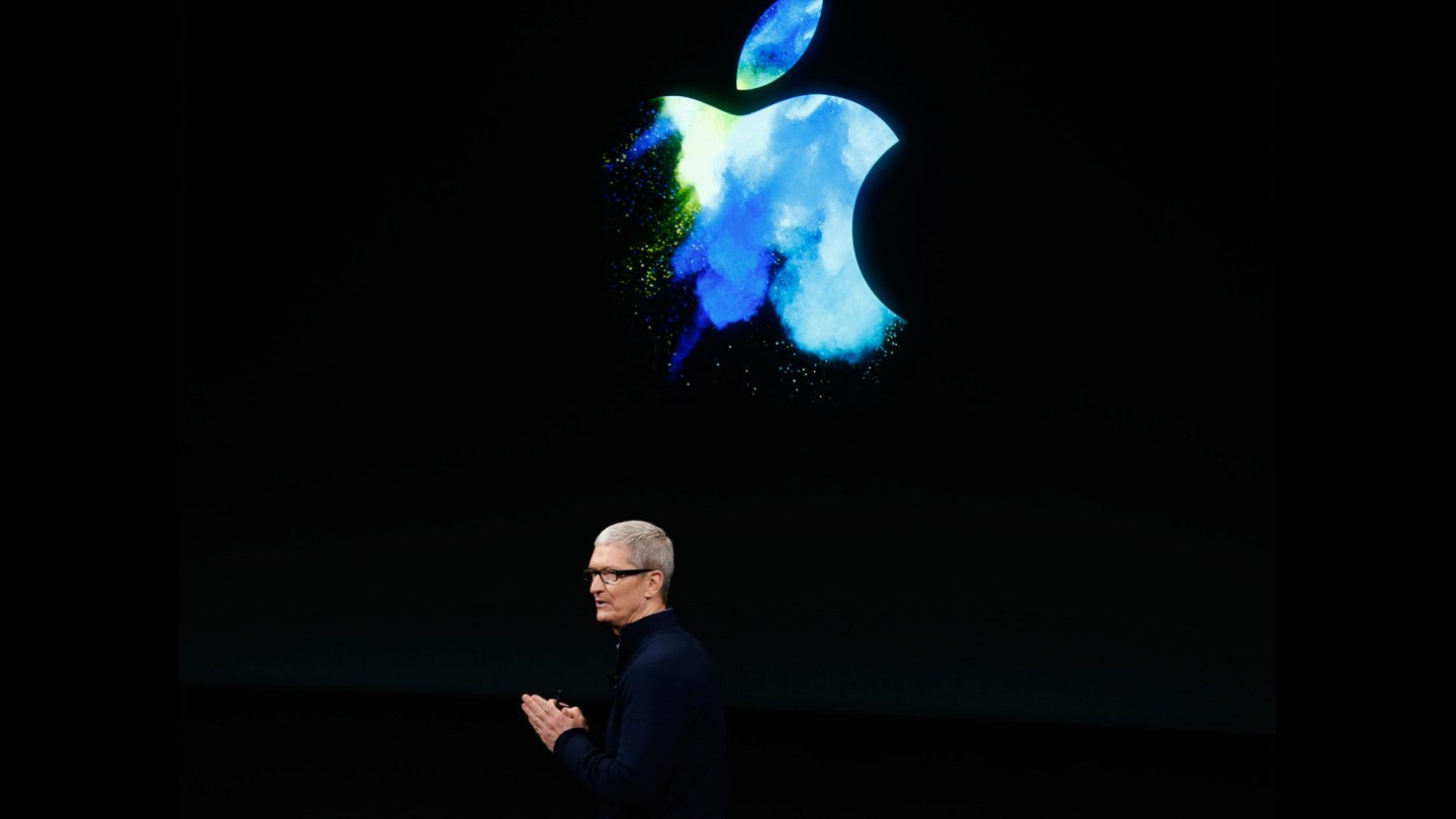 Apple CEO Tim Cook speaks during an Apple media event in Cupertino