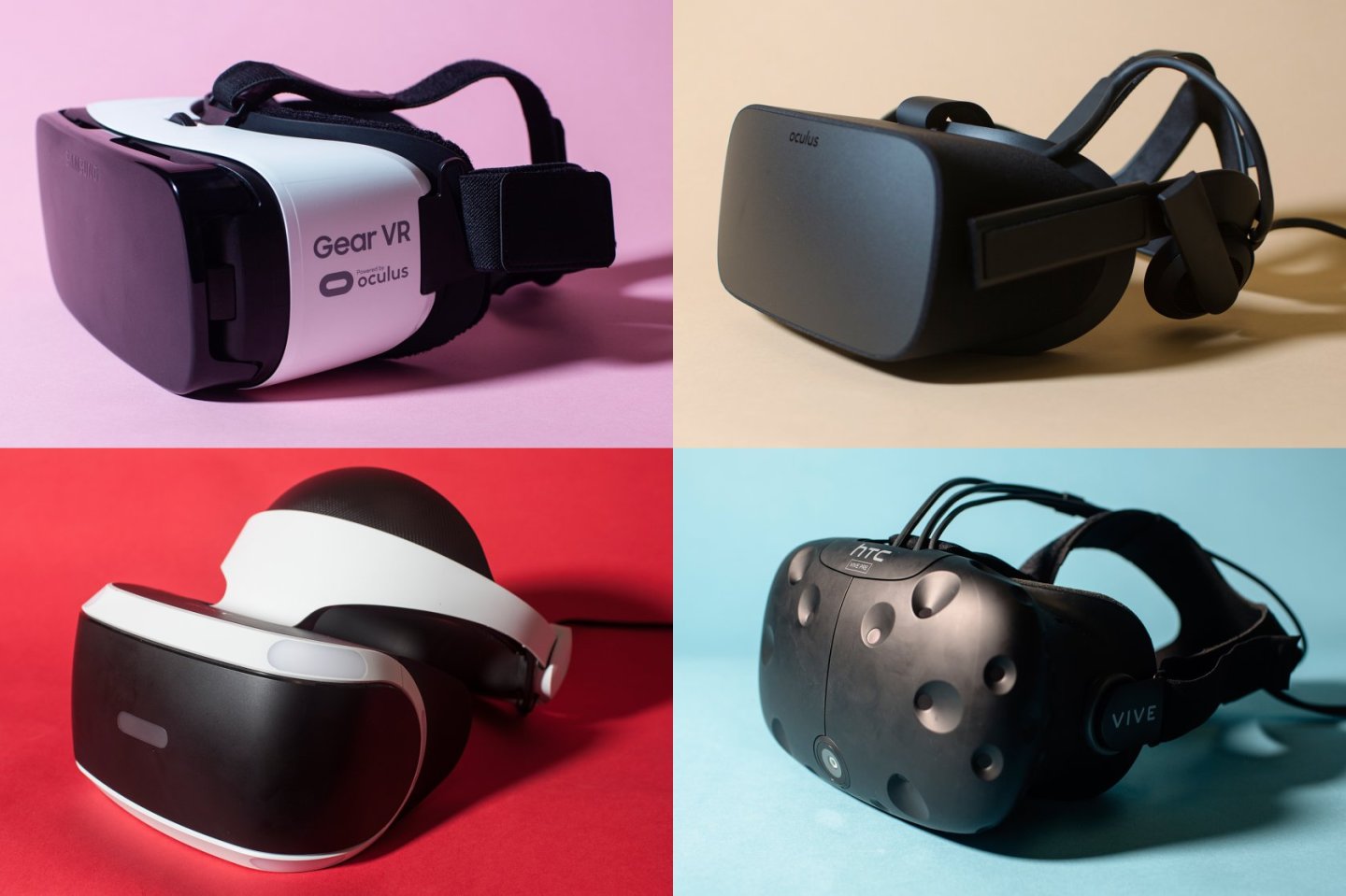 Clockwise from top left: The Samsung Gear VR, The Oculus Rift, the HTC Vive, and the PlayStation VR.