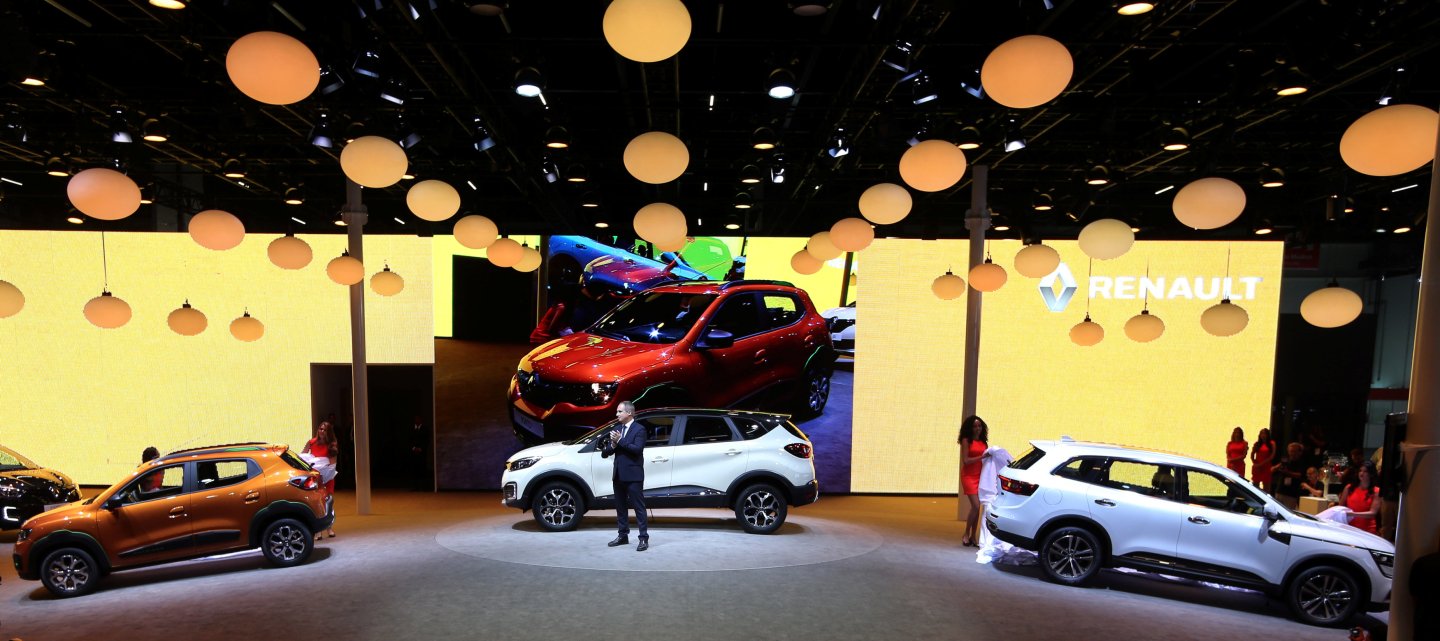 Fabrice Cambolive head of the local subsidiary of the French automaker Renault, presents the Captur, Kwid and Koleos models during the Sao Paulo International Motor Show in Sao Paulo