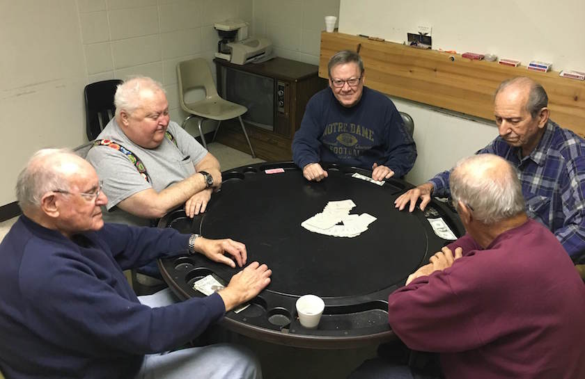 Retired steel workers Pron, McAndrew, Kelly,Gonda and Rayden play poker in a union hall in Bethlehem