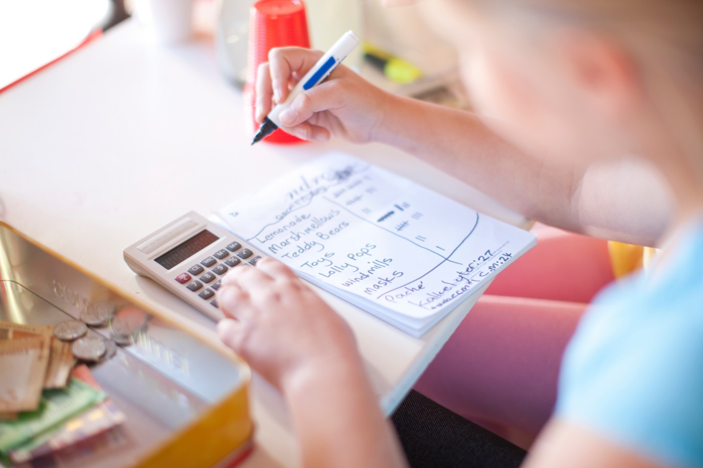 Young girl adding profit from goods