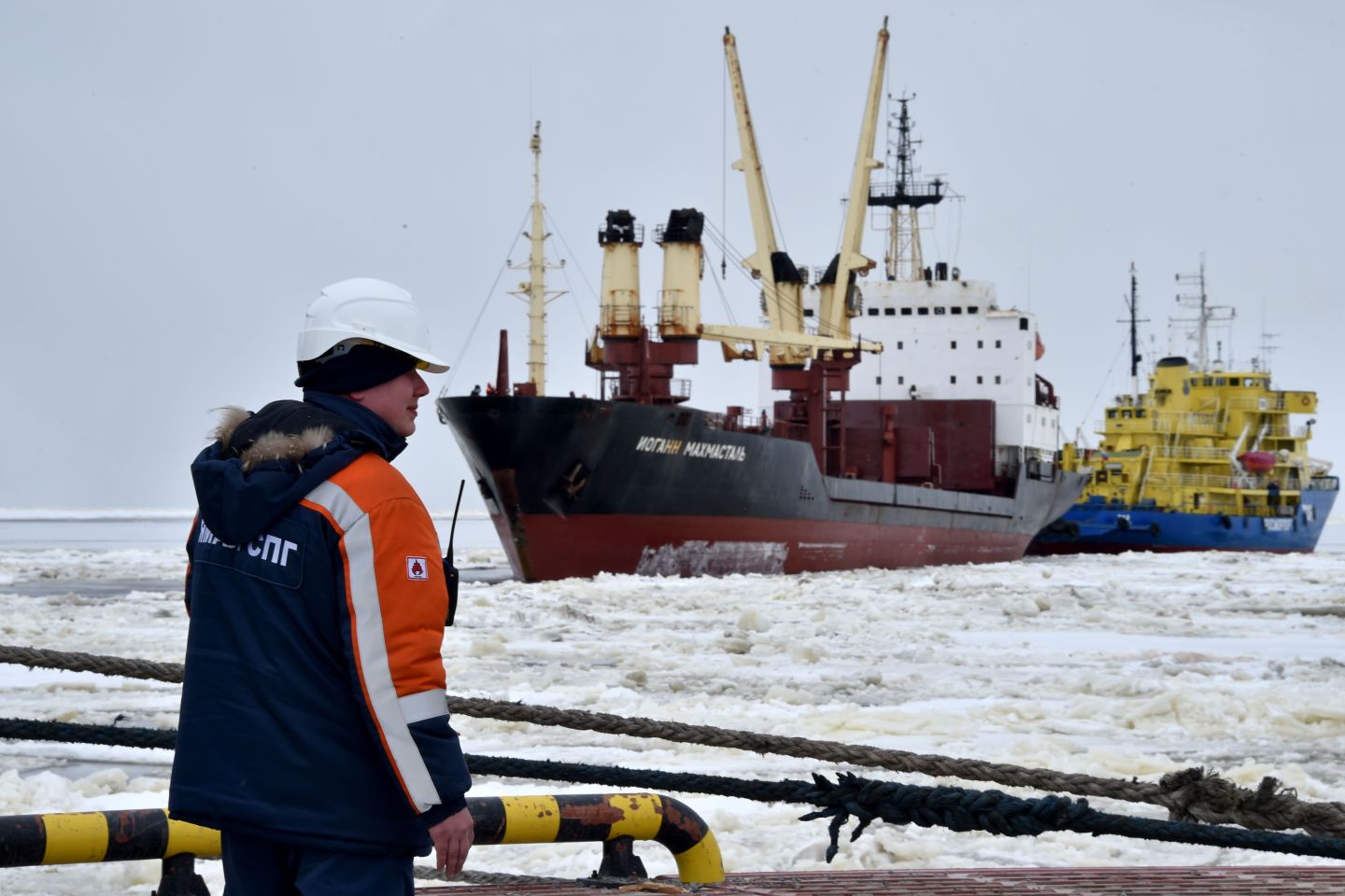 A cargo ship at the port of Sabetta in the Arctic circle.