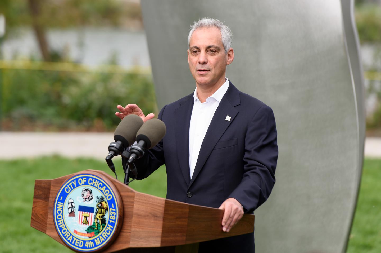 Chicago Mayor Rahm Emanuel attends the Project 120 Skylanding unveiling at Jackson Park in Chicago.
