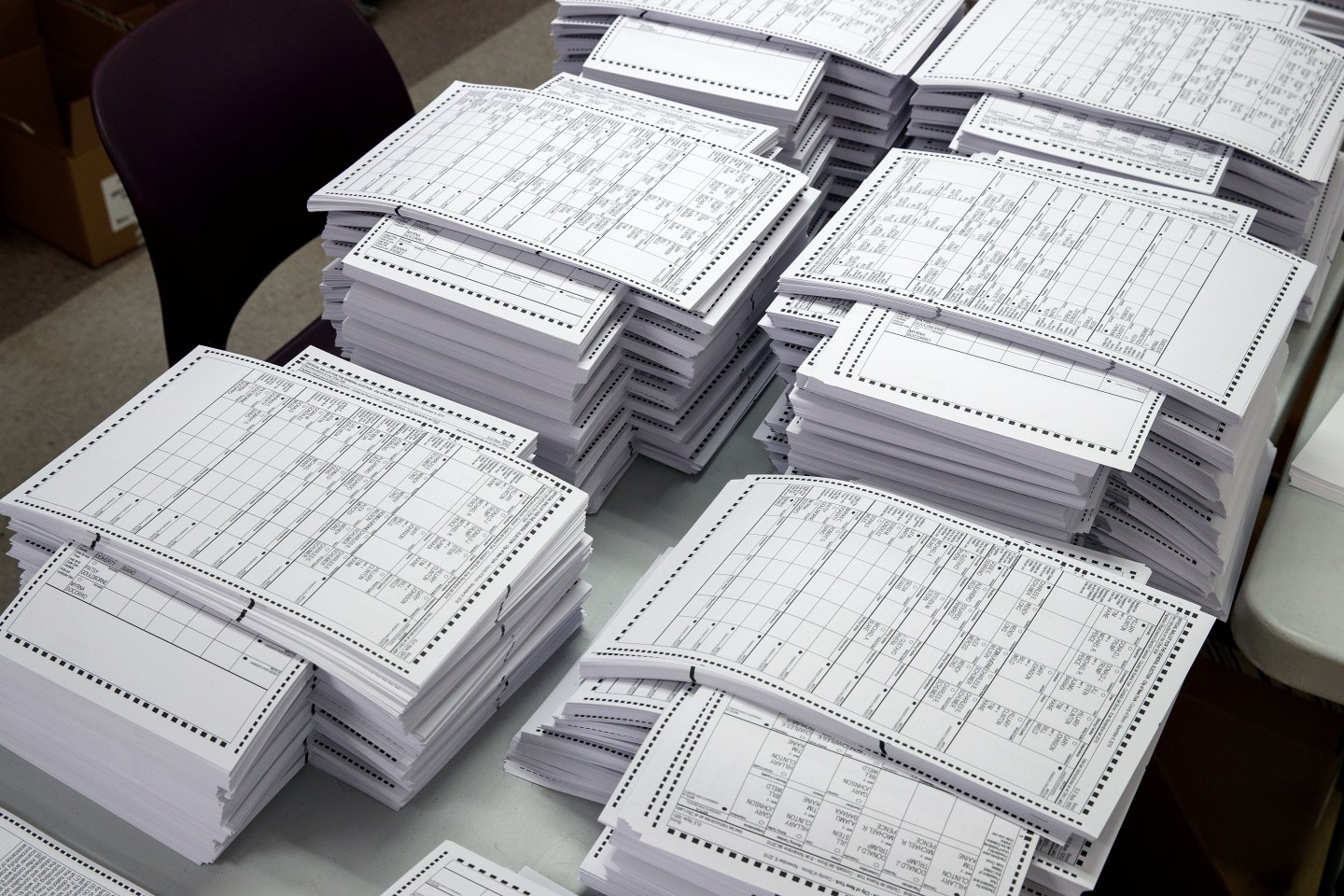 Test ballots wait to be scanned at a Board of Elections Elections voting machine facility warehouse, November 3, 2016 in the Bronx borough in New York City.