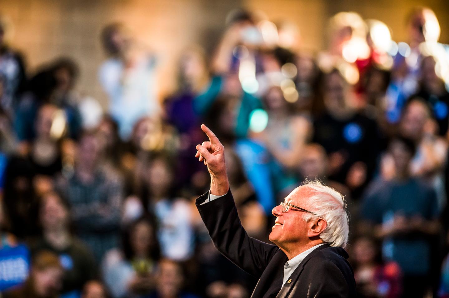 Vermont Sen. Bernie Sanders points to a supporter during a Get Out the Vote rally at Colorado College on Saturday, Nov. 5, 2016.