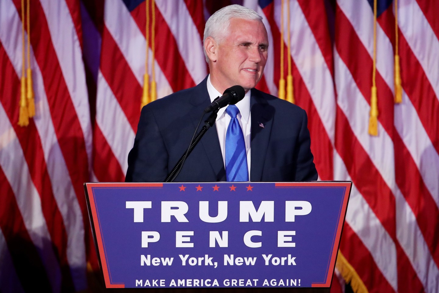 Vice president-elect Mike Pence speaks to supporters on November 9, 2016 in New York City.