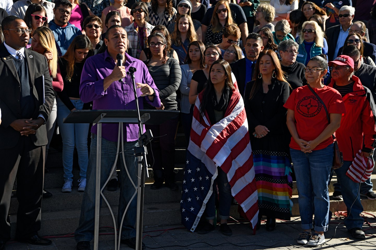 More than 100 protesters took to the west steps of the State Capitol in Denver to rally against Donald Trump’s hateful rhetoric.