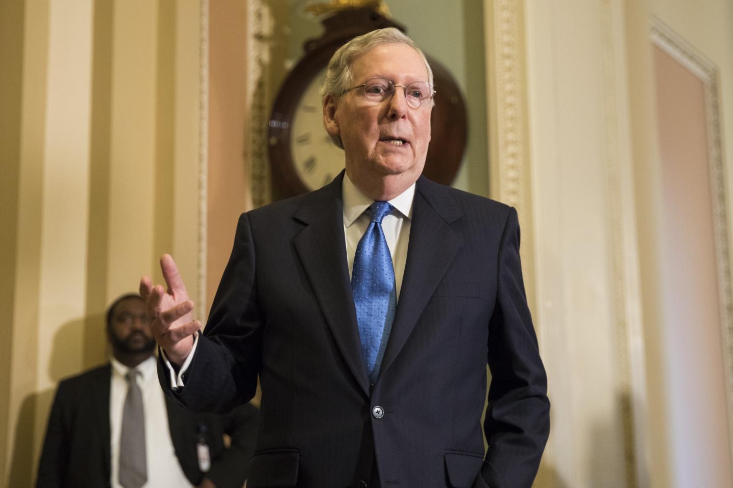 Sen. Majority Leader Mitch McConnell makes a brief statement after meeting with President-elect Donald Trump at the U.S. Capitol on November 10, 2016.