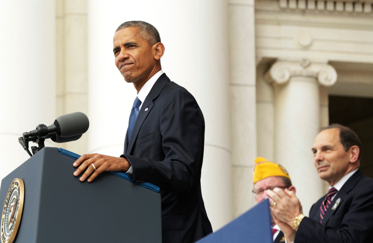 President Barack Obama speaks at a ceremony to commemorate Veterans Day at Arlington National Cemetery on November 11, 2016.