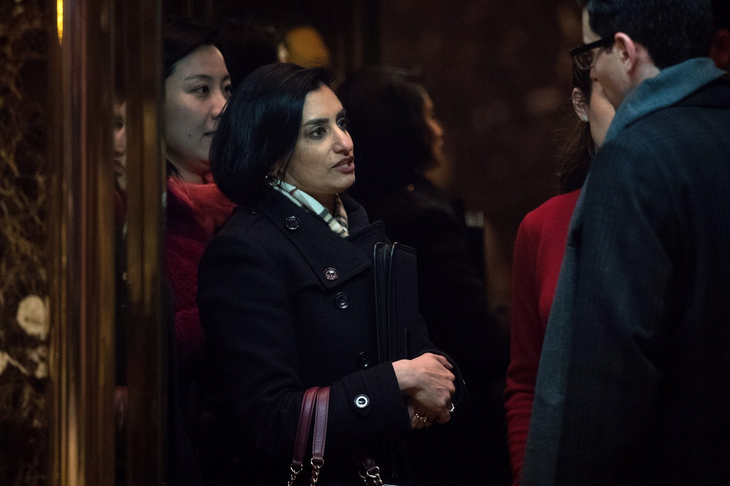 Seema Verma, president and founder of SVC Inc., gets into an elevator as she arrives at Trump Tower in New York City.