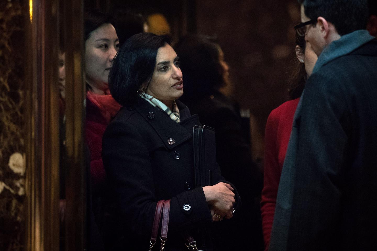 Seema Verma, president and founder of SVC Inc., gets into an elevator as she arrives at Trump Tower in New York City.