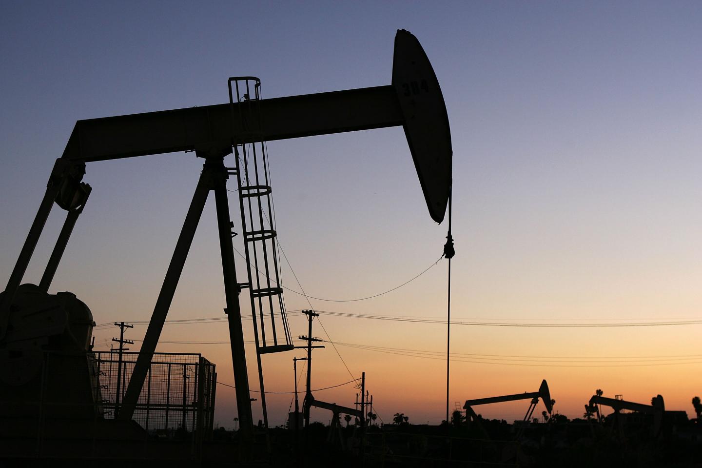 Oil rigs extracting petroleum in the Los Angeles area community of Culver City, California.