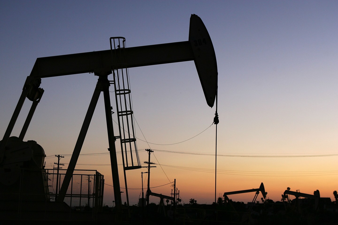 Oil rigs extracting petroleum in the Los Angeles area community of Culver City, California.