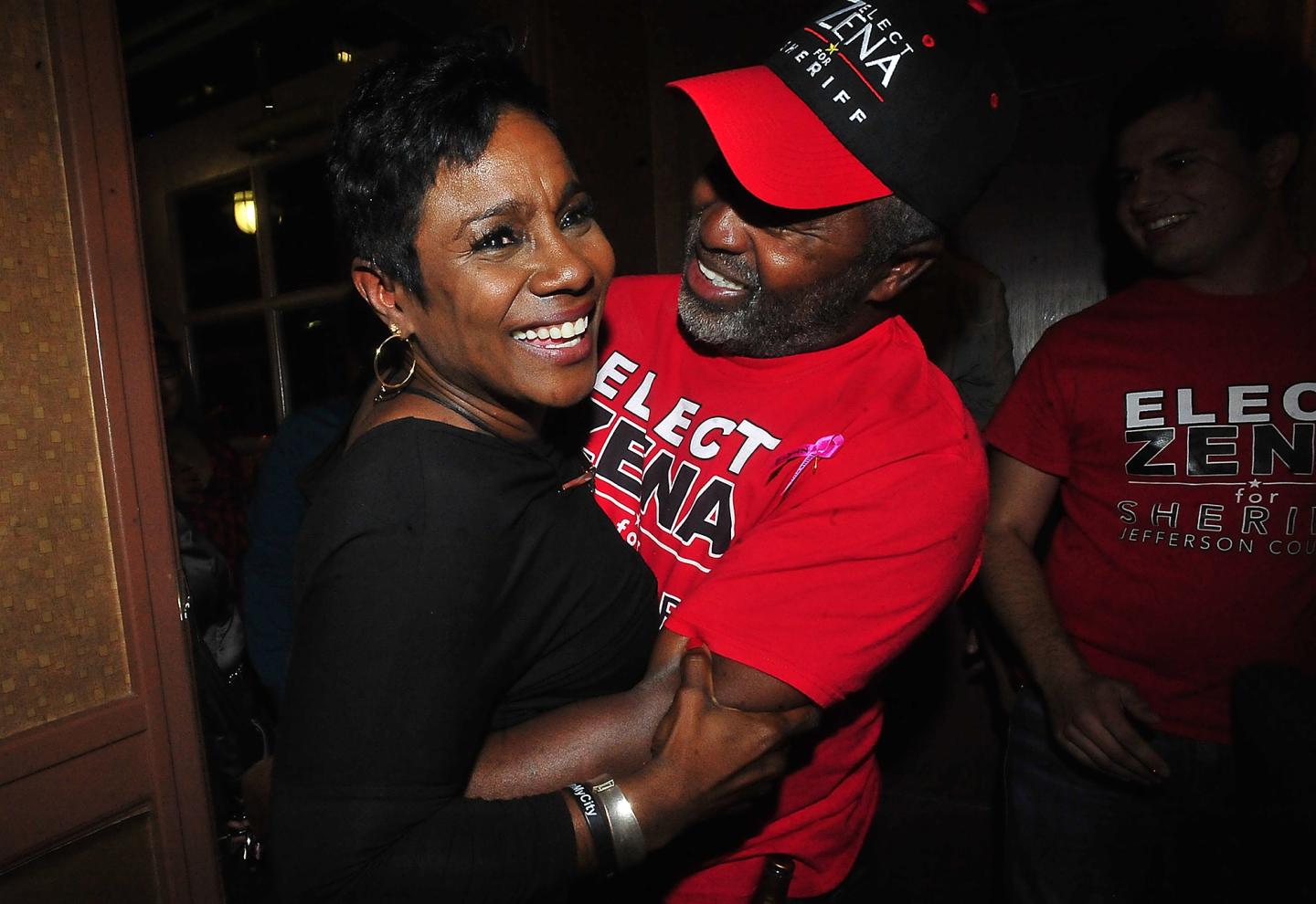 FILE - In this Nov. 8, 2016 file photo, Zena Stephens,is surrounded by supporters while celebrating her election win over Republican Ray Beck for sheriff in Beaumont, Texas on Tuesday, Nov. 8, 2016.  When Stephens takes office on Jan. 1, she will join Vanessa Crawford in Petersburg, Va., as the only black female sheriffs in the U.S., according to the National Sheriffs Association.  (Kim Brent/The Enterprise via AP)