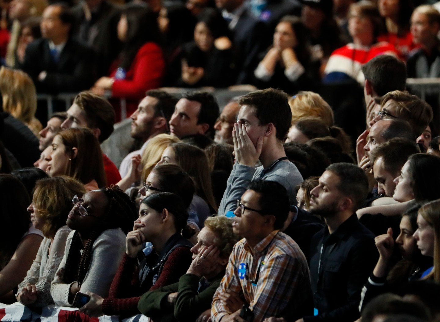 Supporters of U.S. Democratic presidential nominee Hillary Clinton react at her election night rally in Manhattan