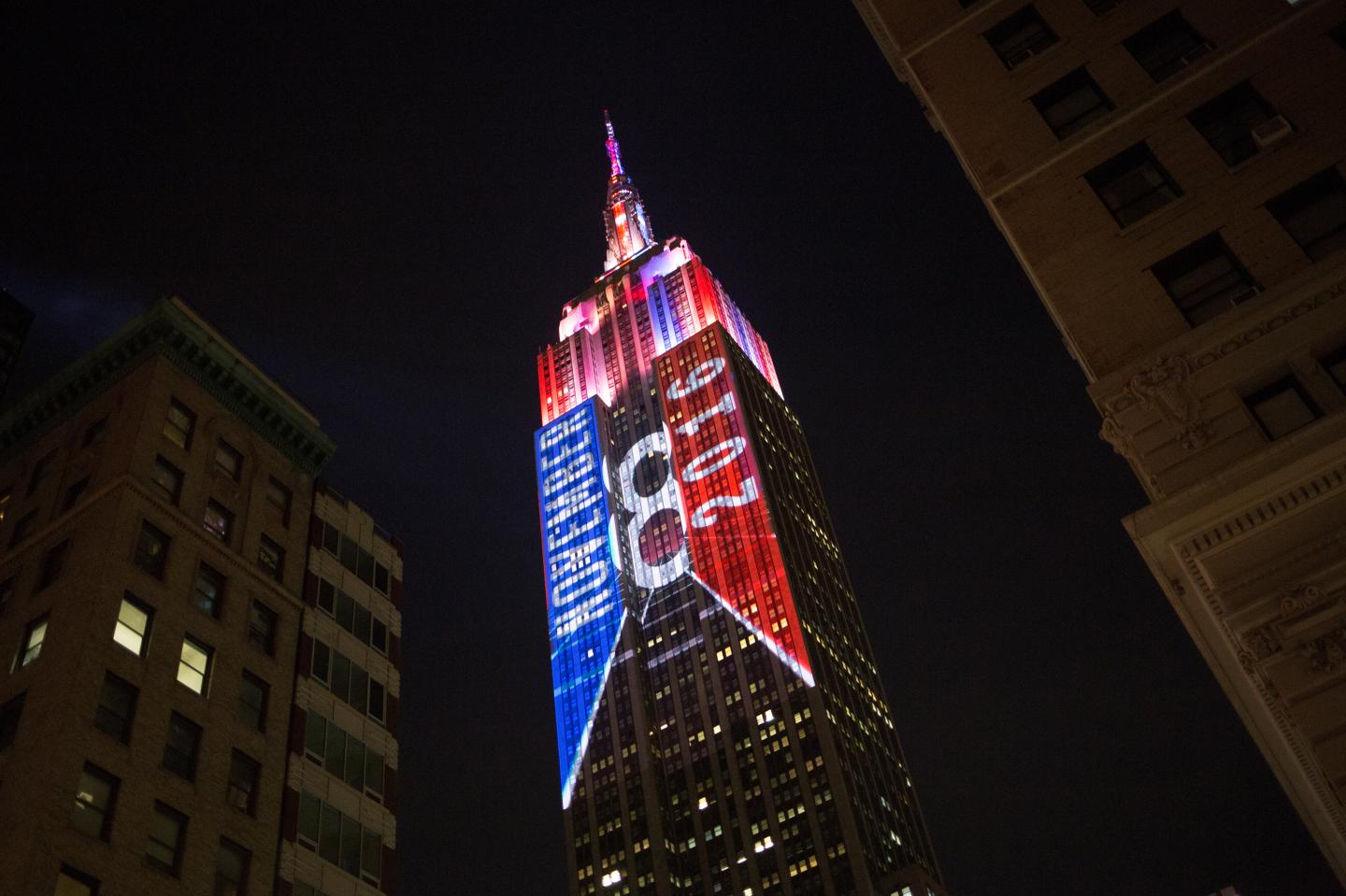 The Empire State building displays a 2016 U.S. Presidential election themed light show in New York