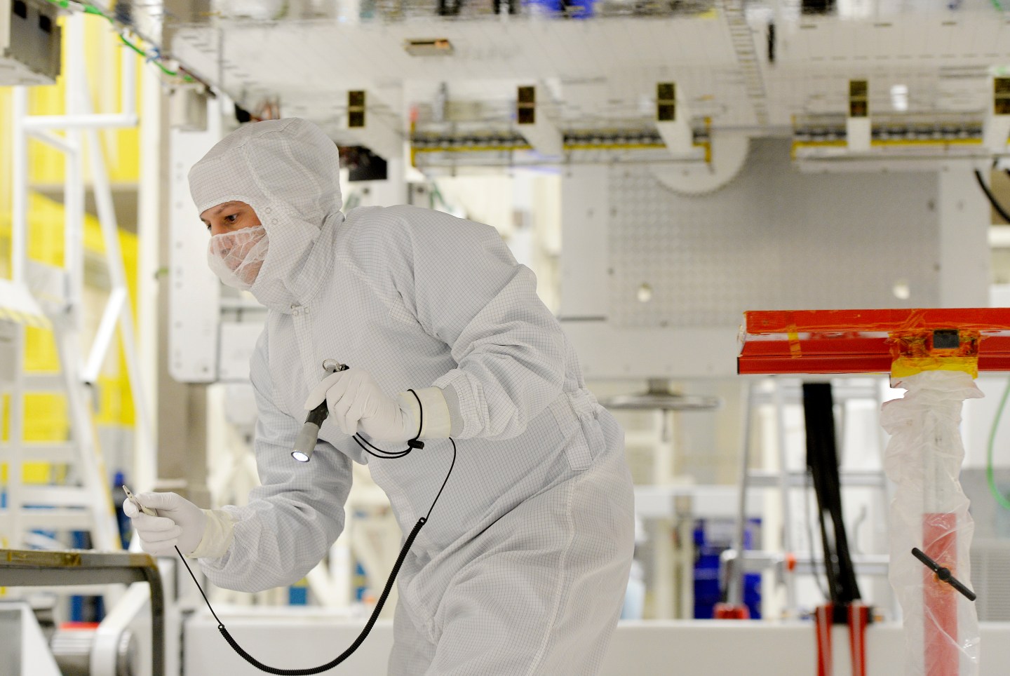 The clean room at Lockheed Martin were they are putting together the GOES R Series, a weather satellite that will launch in 2016. They were at work on the Geostationing Operational Environmental Satellite at the Littleton headquarters