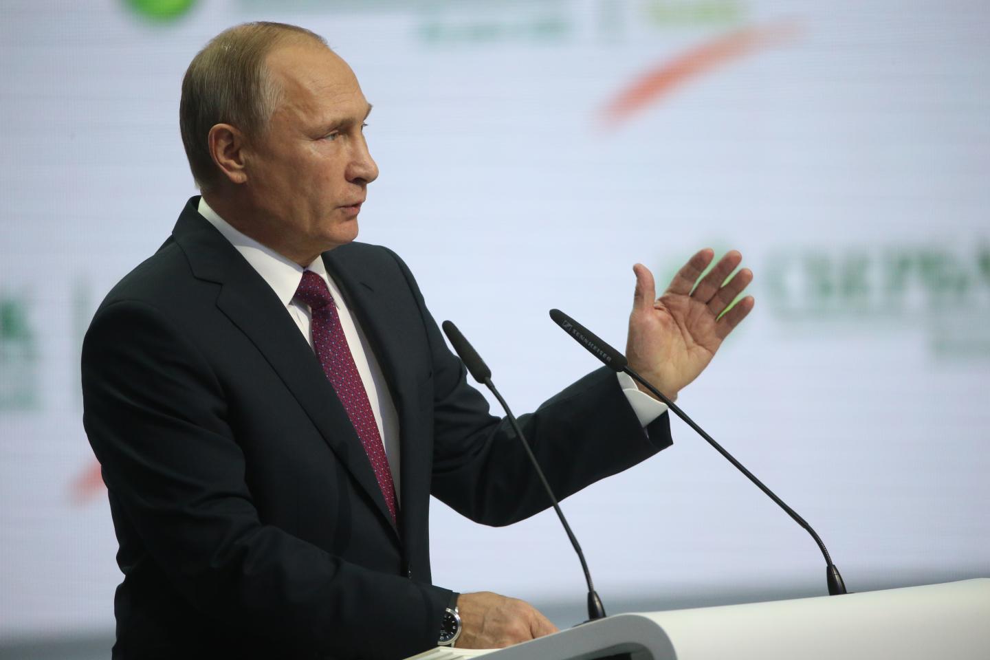 Russian President Vladimir Putin attends the conference of Sberbank