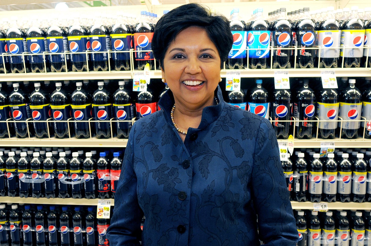 PepsiCo CEO Indra Nooyi poses for a portrait by products at the Tops SuperMarket in Batavia