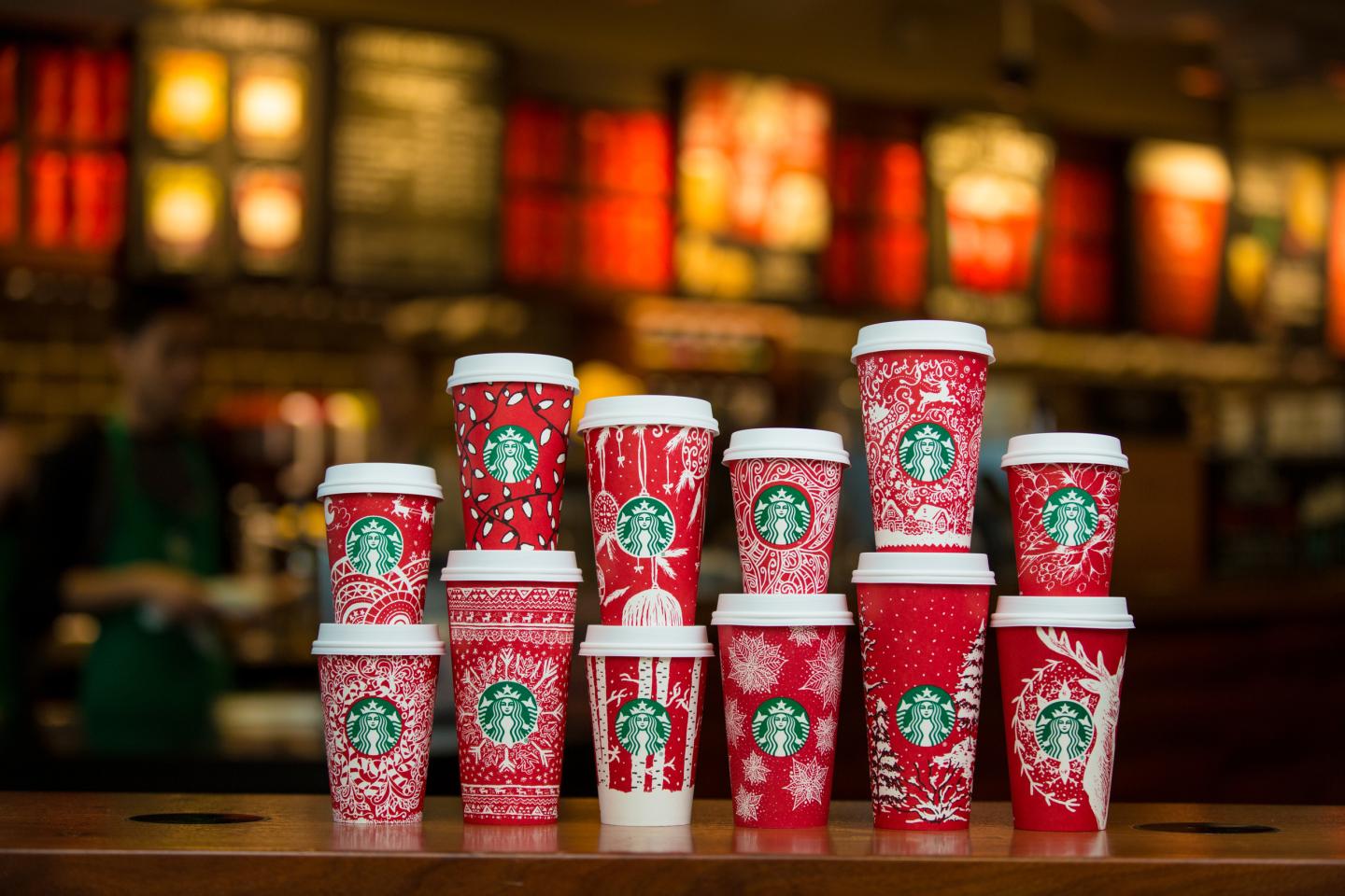 Starbucks red holiday cups photographed on November 9, 2016.  (Joshua Trujillo, Starbucks)